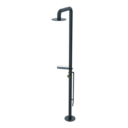 Rubinet Pressure Balance Outdoor Shower with Foot Rinse & 10" Shower Head (with shelf) - 304 Stainless Steel Matt Black