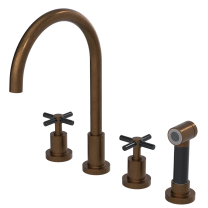 Rubinet Widespread Kitchen Set with LaSalle Spout with Hand Spray Tuscan Brass