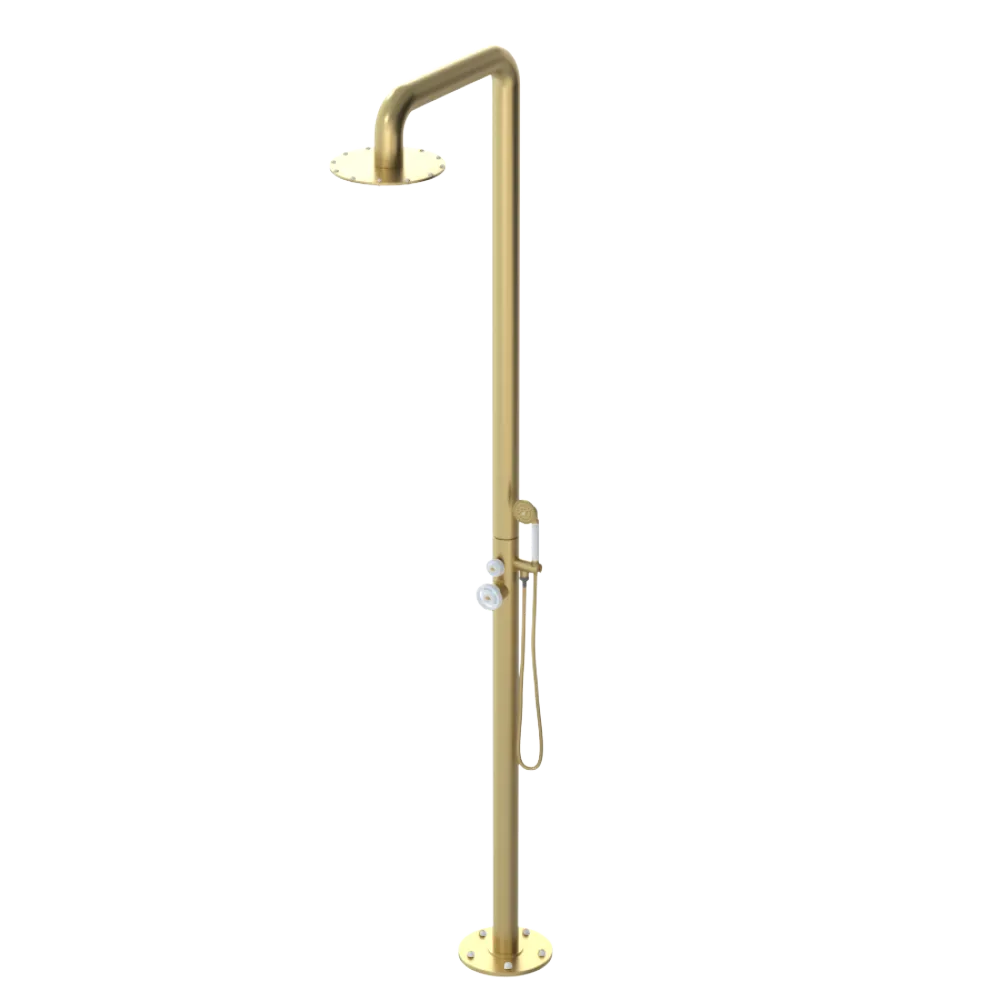 Rubinet Pressure Balance Outdoor Shower with Hand Held Shower & 10" Shower Head - 304 Stainless Steel Satin Brass