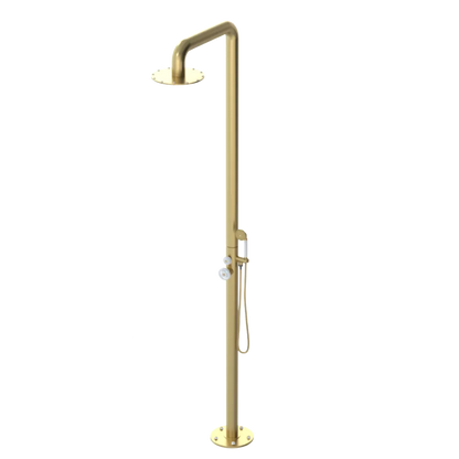 Rubinet Pressure Balance Outdoor Shower with Hand Held Shower & 10" Shower Head - 304 Stainless Steel Satin Brass