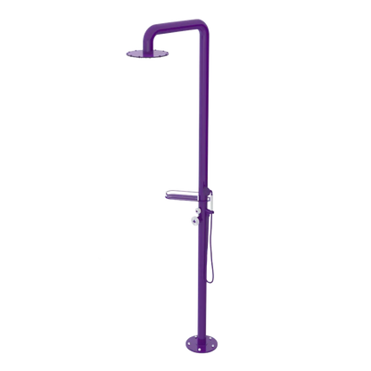 Rubinet Pressure Balance Outdoor Shower with Hand Held Shower & 10" Shower Head (with shelf) - 304 Stainless Steel Purple Haze