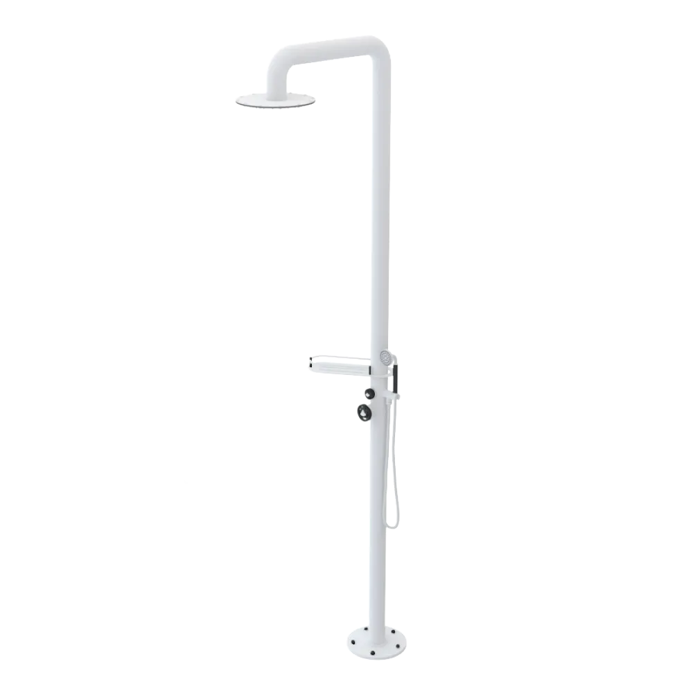 Rubinet Pressure Balance Outdoor Shower with Hand Held Shower & 10" Shower Head (with shelf) - 304 Stainless Steel Matt White