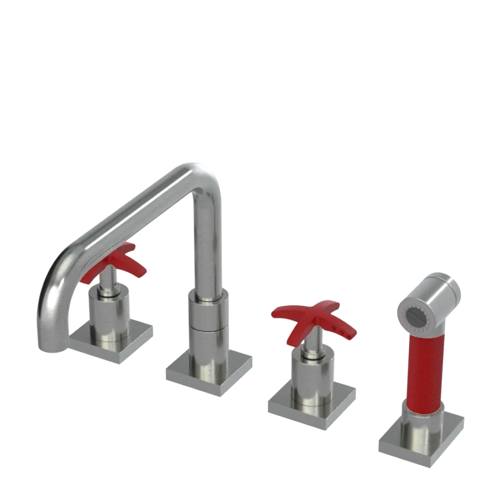 Rubinet Widespread Kitchen Set with Genesis Spout with Hand Spray Satin Nickel