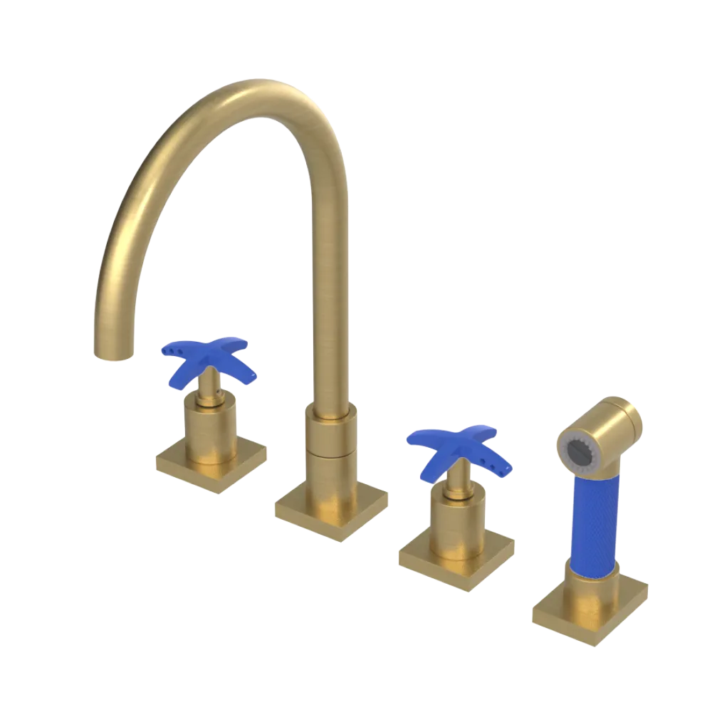 Rubinet Widespread Kitchen Set with Hand Spray Satin Brass