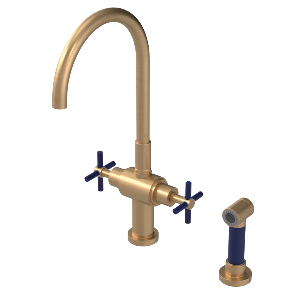 Rubinet Two Handle Single Hole Kitchen Set with LaSalle Spout with Hand Spray Satin Gold