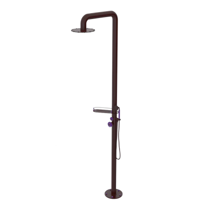 Rubinet Pressure Balance Outdoor Shower with Hand Held Shower & 10" Shower Head (with shelf) - 304 Stainless Steel Bordeaux
