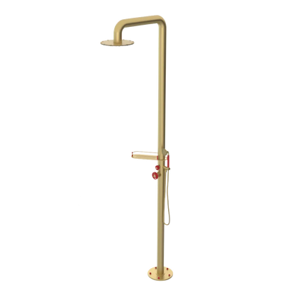 Rubinet Pressure Balance Outdoor Shower with Hand Held Shower & 10" Shower Head (with shelf) - 304 Stainless Steel Satin Brass
