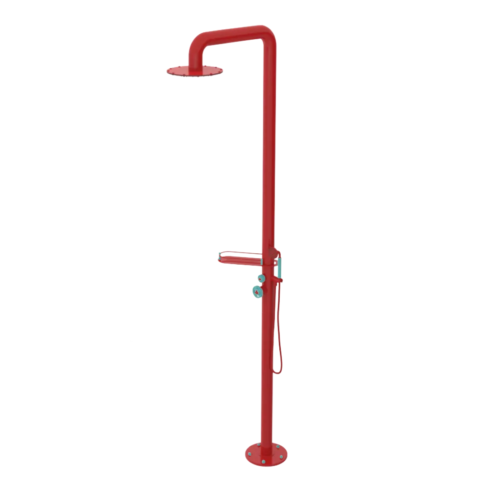 Rubinet Pressure Balance Outdoor Shower with Hand Held Shower & 10" Shower Head (with shelf) - 304 Stainless Steel Red