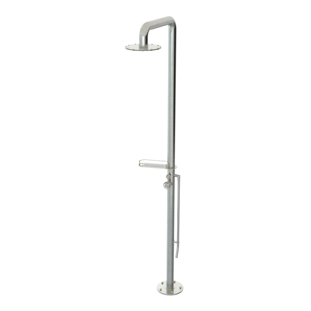 Rubinet Pressure Balance Outdoor Shower with Foot Rinse & 10" Shower Head (with shelf) - 304 Stainless Steel Satin Nickel