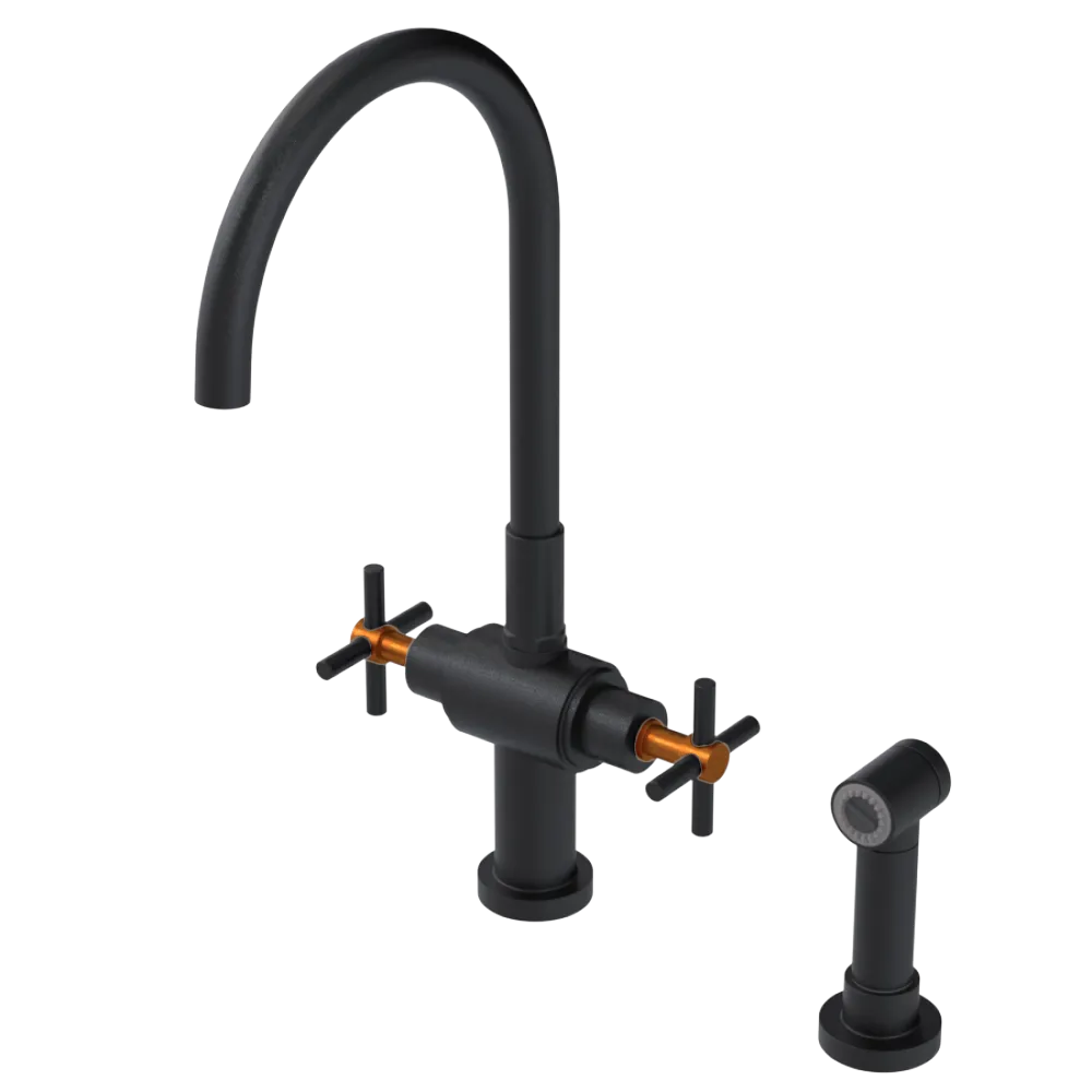 Rubinet Two Handle Single Hole Kitchen Set with LaSalle Spout with Hand Spray Matt Black