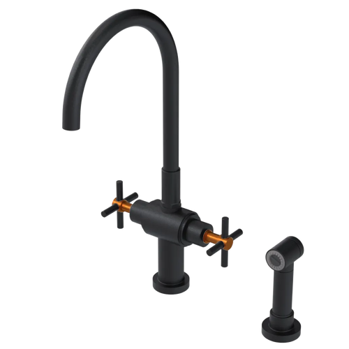 Rubinet Two Handle Single Hole Kitchen Set with LaSalle Spout with Hand Spray Matt Black