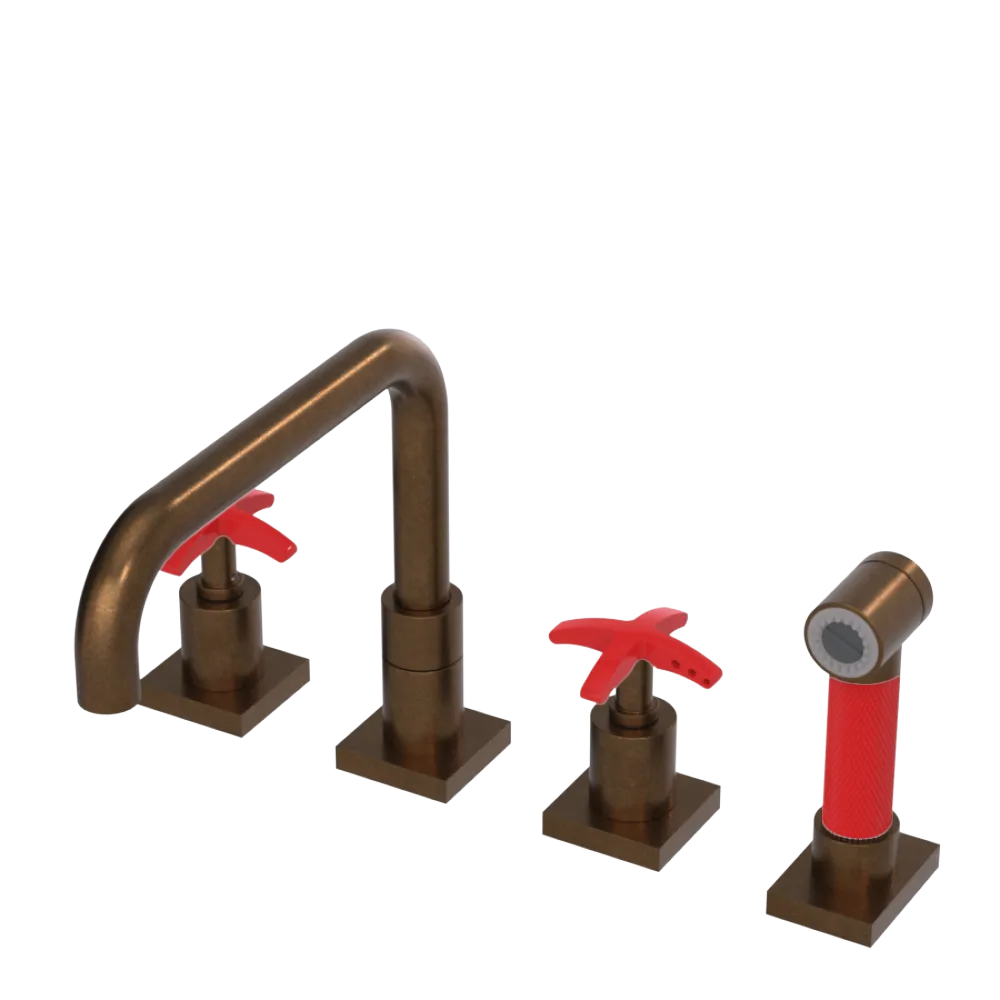 Rubinet Widespread Kitchen Set with Genesis Spout with Hand Spray Tuscan Brass