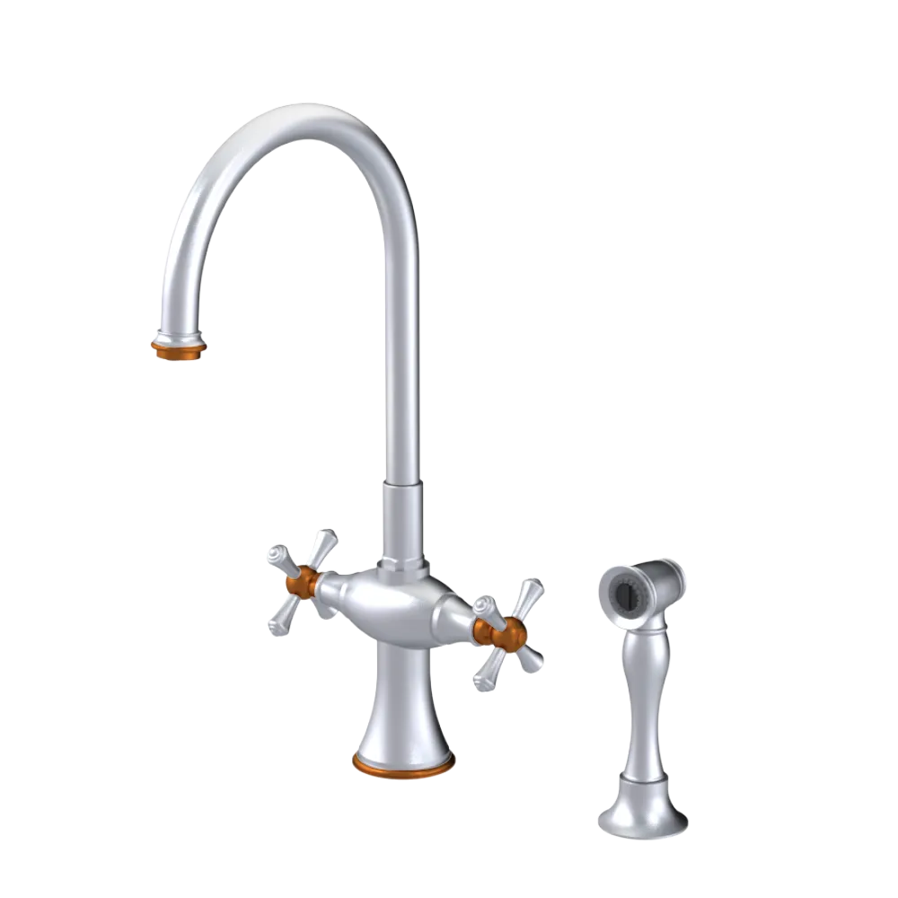 Rubinet Two Handle Single Hole Kitchen Set with Hand Spray Satin Chrome
