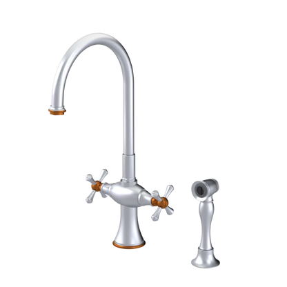 Rubinet Two Handle Single Hole Kitchen Set with Hand Spray Satin Chrome