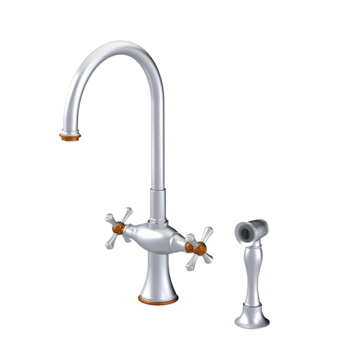 Rubinet Two Handle Single Hole Kitchen Set with Hand Spray Satin Chrome
