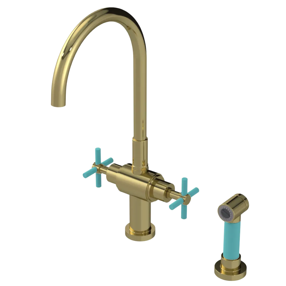 Rubinet Two Handle Single Hole Kitchen Set with LaSalle Spout with Hand Spray Natural Brass