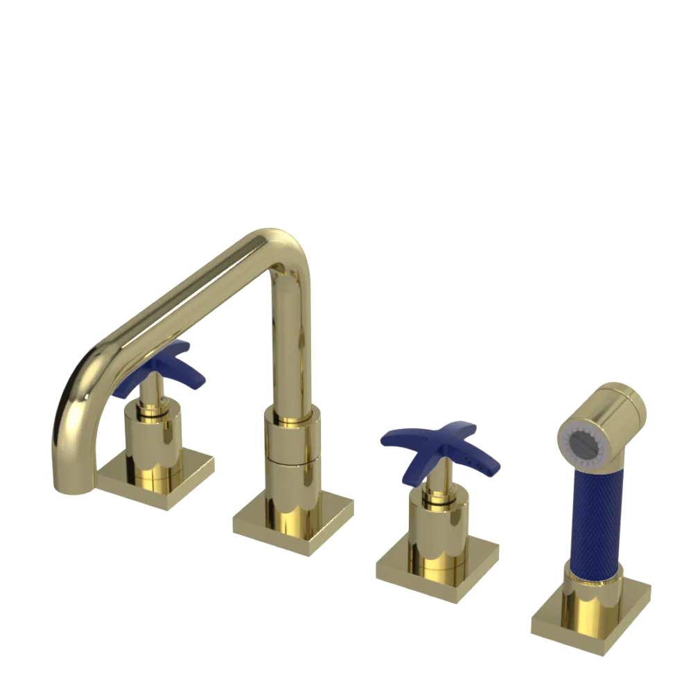 Rubinet Widespread Kitchen Set with Genesis Spout with Hand Spray Gold