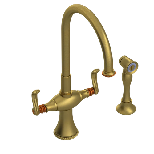 Rubinet Two Handle Single Hole Kitchen Set with Hand Spray Antique Brass Matt