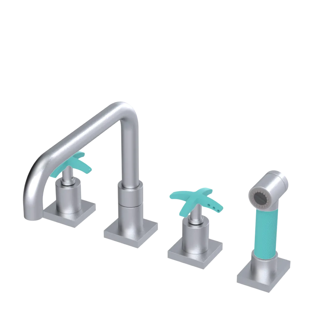Rubinet Widespread Kitchen Set with Genesis Spout with Hand Spray Satin Chrome