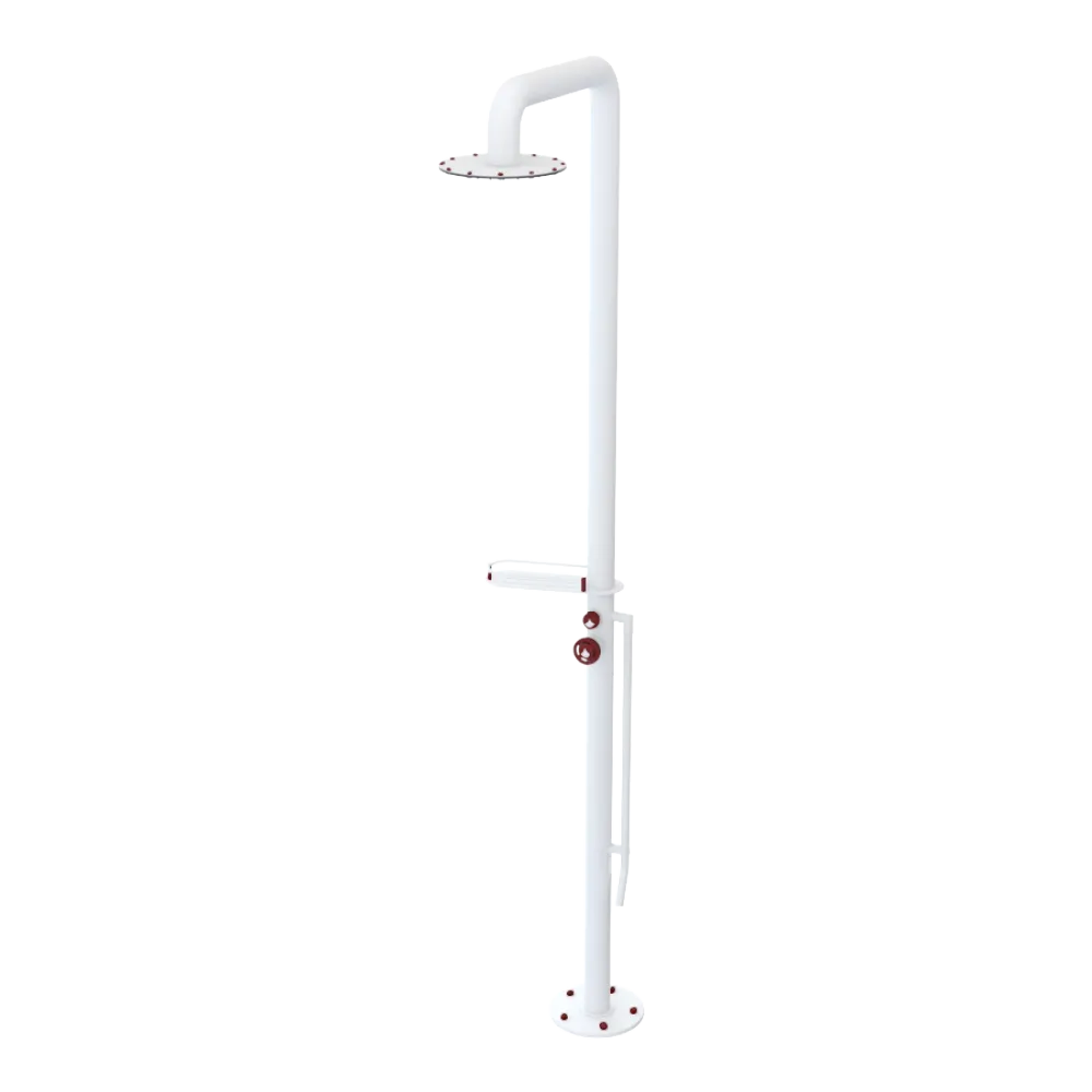 Rubinet Pressure Balance Outdoor Shower with Foot Rinse & 10" Shower Head (with shelf) - 304 Stainless Steel Matt White