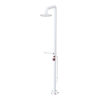 Rubinet Pressure Balance Outdoor Shower with Foot Rinse & 10" Shower Head (with shelf) - 304 Stainless Steel Matt White