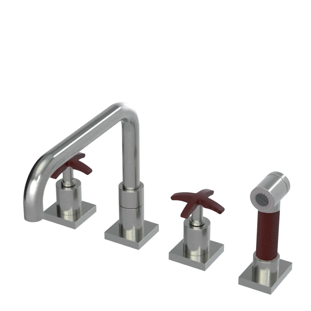 Rubinet Widespread Kitchen Set with Genesis Spout with Hand Spray Satin Nickel