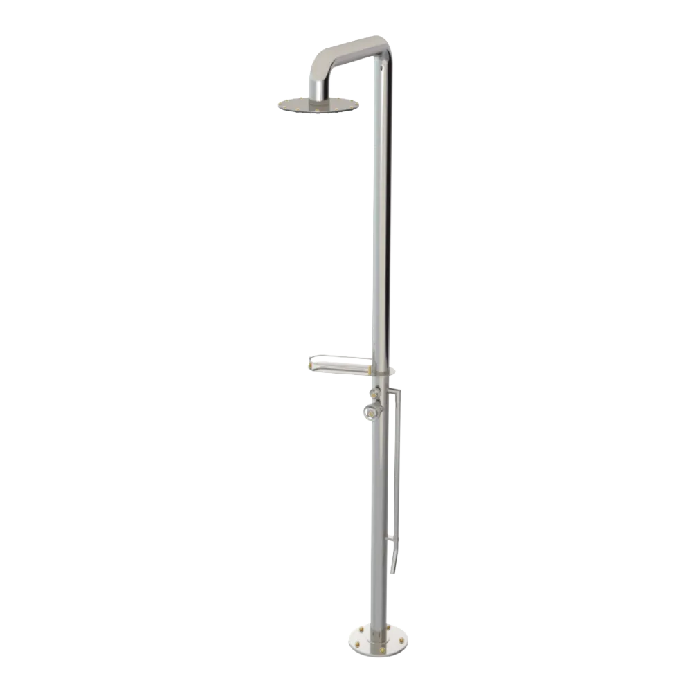 Rubinet Pressure Balance Outdoor Shower with Foot Rinse & 10" Shower Head (with shelf) - 304 Stainless Steel Polished Nickel