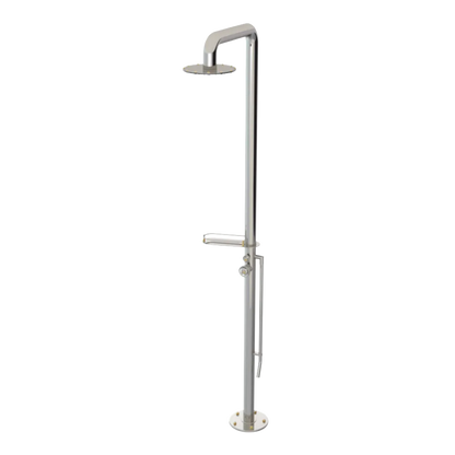 Rubinet Pressure Balance Outdoor Shower with Foot Rinse & 10" Shower Head (with shelf) - 304 Stainless Steel Polished Nickel