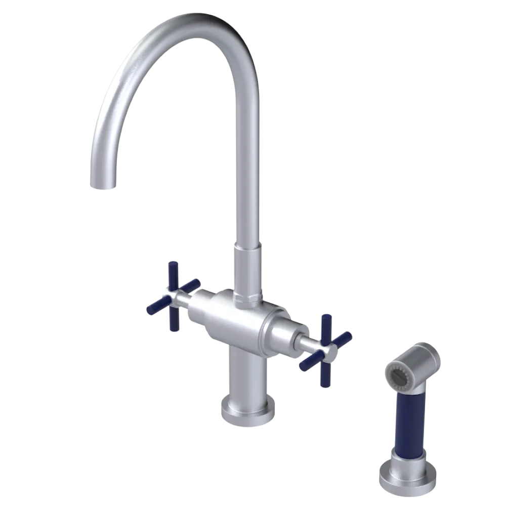 Rubinet Two Handle Single Hole Kitchen Set with LaSalle Spout with Hand Spray Satin Chrome