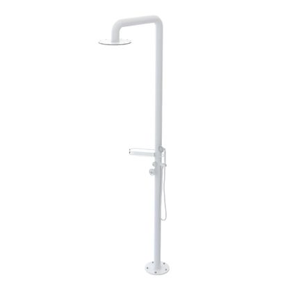 Rubinet Pressure Balance Outdoor Shower with Hand Held Shower & 10" Shower Head (with shelf) - 304 Stainless Steel White