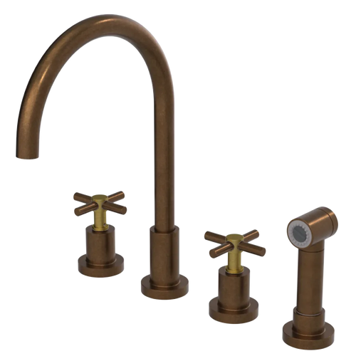 Rubinet Widespread Kitchen Set with LaSalle Spout with Hand Spray Tuscan Brass