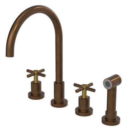 Rubinet Widespread Kitchen Set with LaSalle Spout with Hand Spray Tuscan Brass
