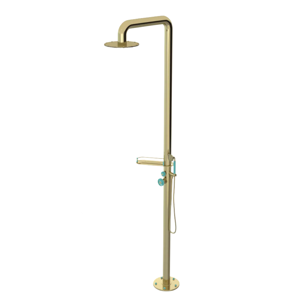 Rubinet Pressure Balance Outdoor Shower with Hand Held Shower & 10" Shower Head (with shelf) - 304 Stainless Steel Bright Brass