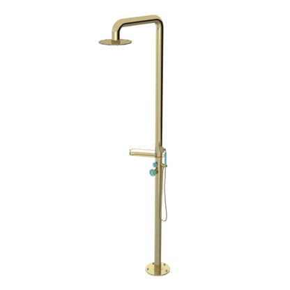 Rubinet Pressure Balance Outdoor Shower with Hand Held Shower & 10" Shower Head (with shelf) - 304 Stainless Steel Bright Brass