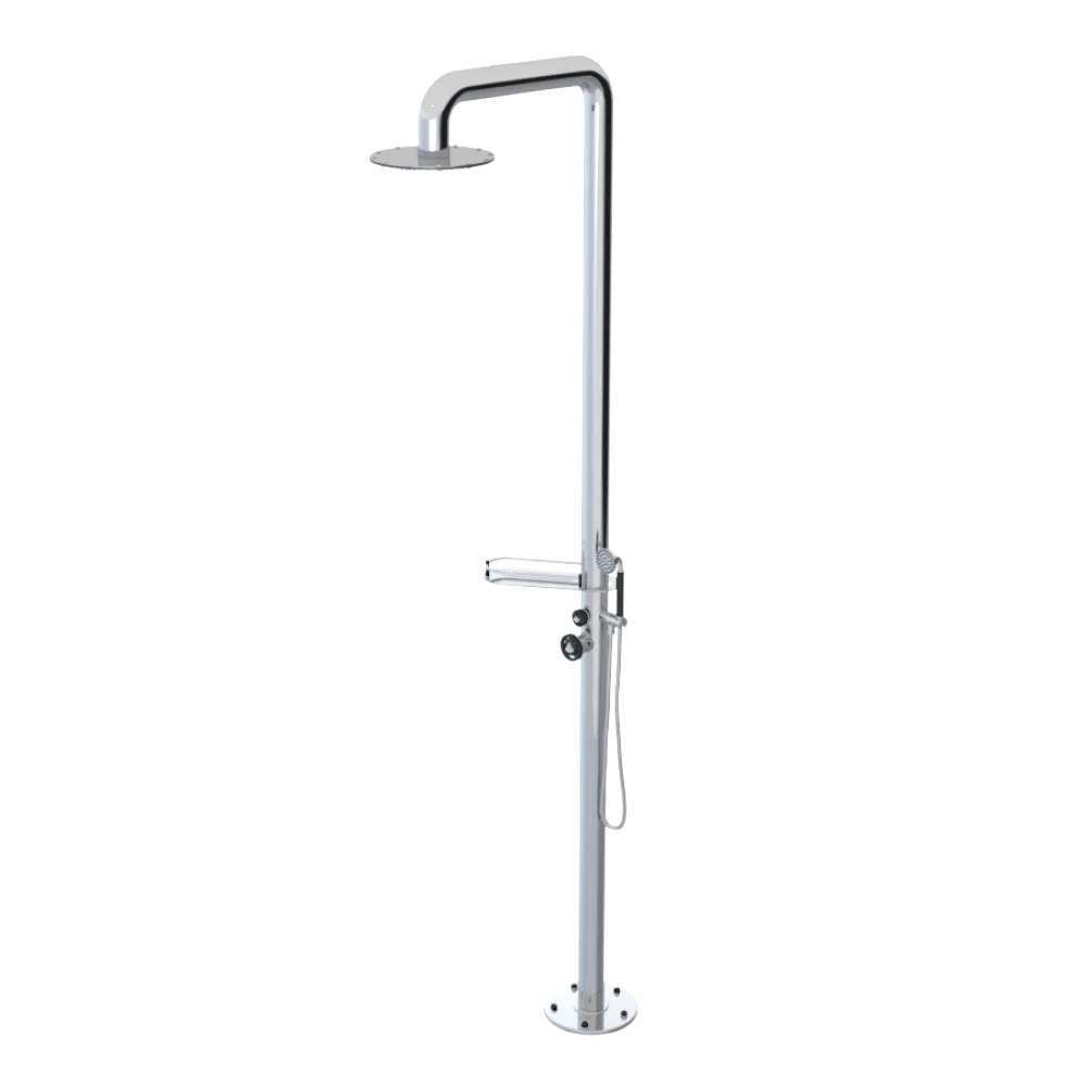 Rubinet Pressure Balance Outdoor Shower with Hand Held Shower & 10" Shower Head (with shelf) - 304 Stainless Steel Chrome