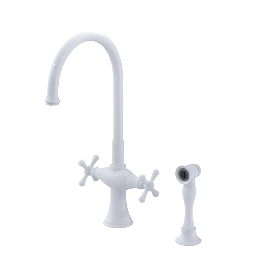 Rubinet Two Handle Single Hole Kitchen Set with Hand Spray White