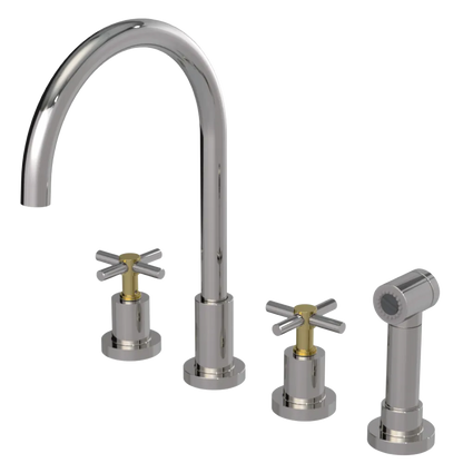 Rubinet Widespread Kitchen Set with LaSalle Spout with Hand Spray Polished Nickel