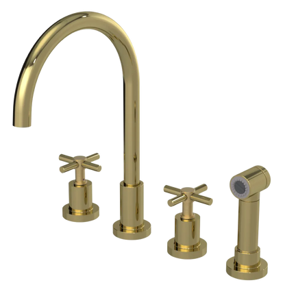 Rubinet Widespread Kitchen Set with LaSalle Spout with Hand Spray Natural Brass