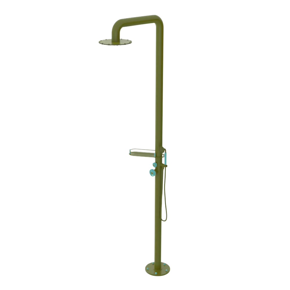 Rubinet Pressure Balance Outdoor Shower with Hand Held Shower & 10" Shower Head (with shelf) - 304 Stainless Steel Green Envy