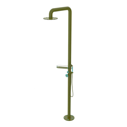 Rubinet Pressure Balance Outdoor Shower with Hand Held Shower & 10" Shower Head (with shelf) - 304 Stainless Steel Green Envy