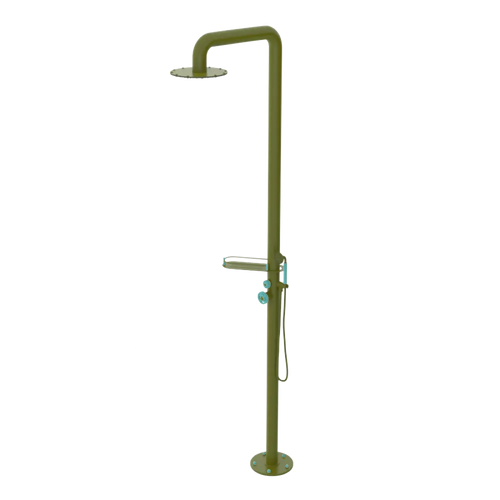 Rubinet Pressure Balance Outdoor Shower with Hand Held Shower & 10" Shower Head (with shelf) - 304 Stainless Steel Green Envy