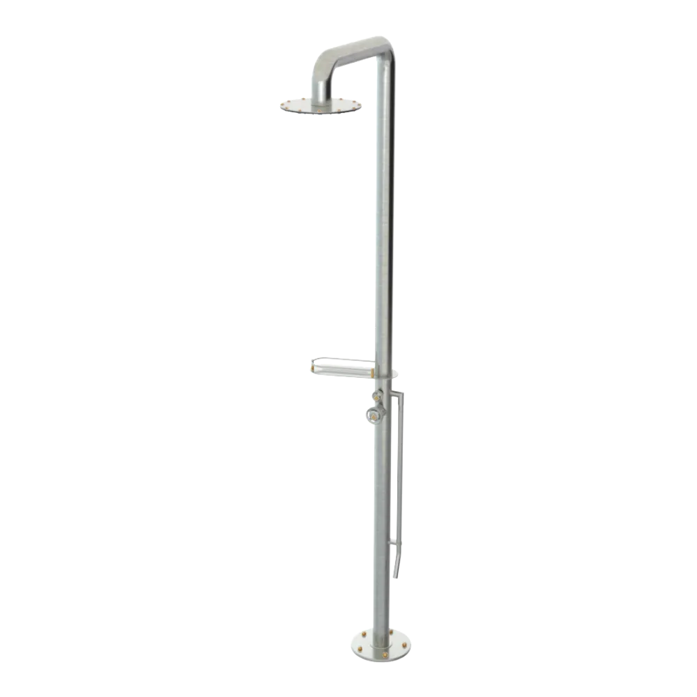 Rubinet Pressure Balance Outdoor Shower with Foot Rinse & 10" Shower Head (with shelf) - 304 Stainless Steel Satin Nickel