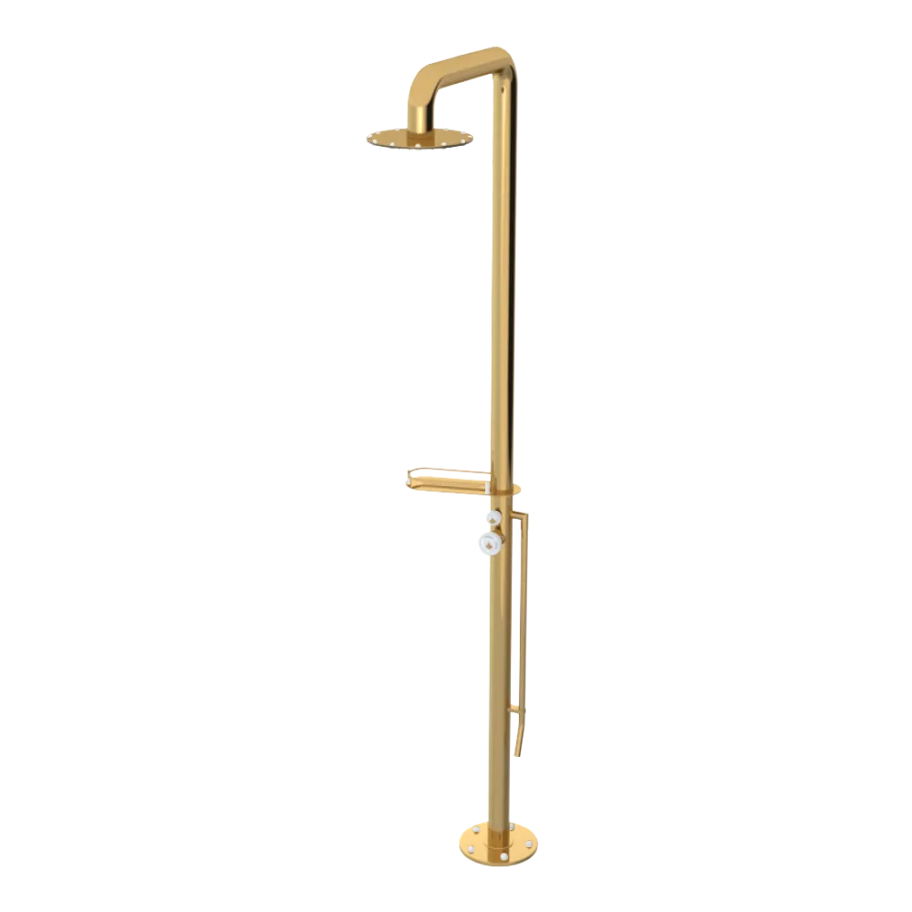 Rubinet Pressure Balance Outdoor Shower with Foot Rinse & 10" Shower Head (with shelf) - 304 Stainless Steel Gold