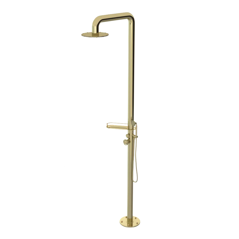 Rubinet Pressure Balance Outdoor Shower with Hand Held Shower & 10" Shower Head (with shelf) - 304 Stainless Steel Bright Brass
