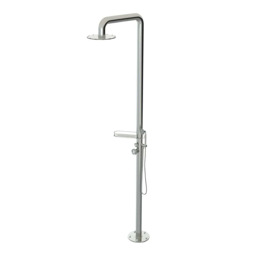 Rubinet Pressure Balance Outdoor Shower with Hand Held Shower & 10" Shower Head (with shelf) - 304 Stainless Steel Satin Nickel