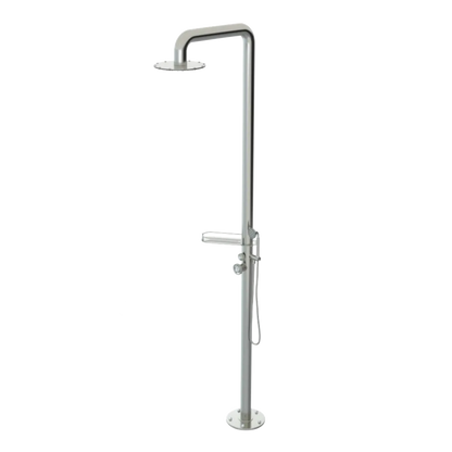Rubinet Pressure Balance Outdoor Shower with Hand Held Shower & 10" Shower Head (with shelf) - 304 Stainless Steel Satin Nickel