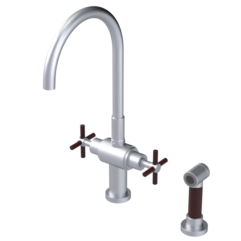 Rubinet Two Handle Single Hole Kitchen Set with LaSalle Spout with Hand Spray Satin Chrome