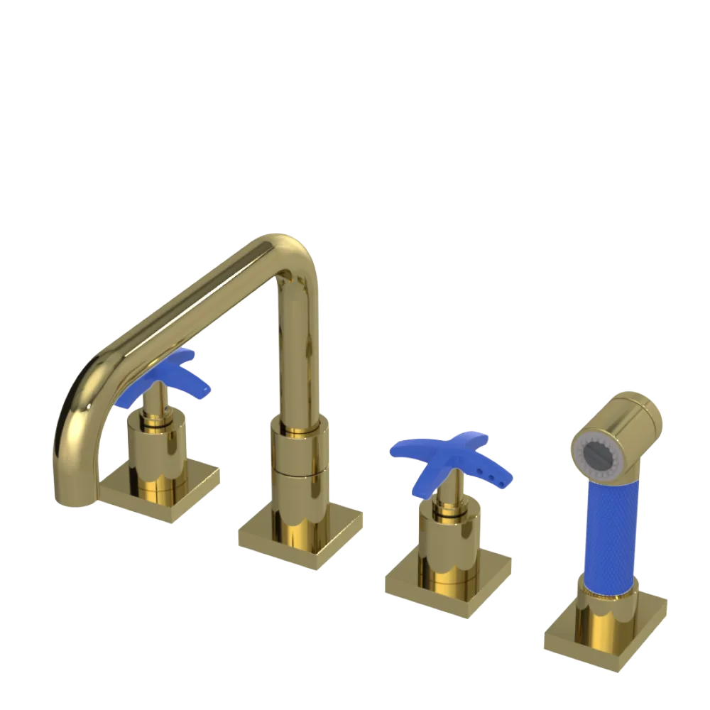 Rubinet Widespread Kitchen Set with Genesis Spout with Hand Spray Natural Brass