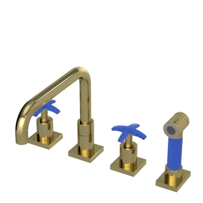 Rubinet Widespread Kitchen Set with Genesis Spout with Hand Spray Natural Brass