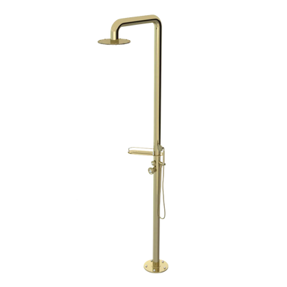 Rubinet Pressure Balance Outdoor Shower with Hand Held Shower & 10" Shower Head (with shelf) - 304 Stainless Steel Bright Brass